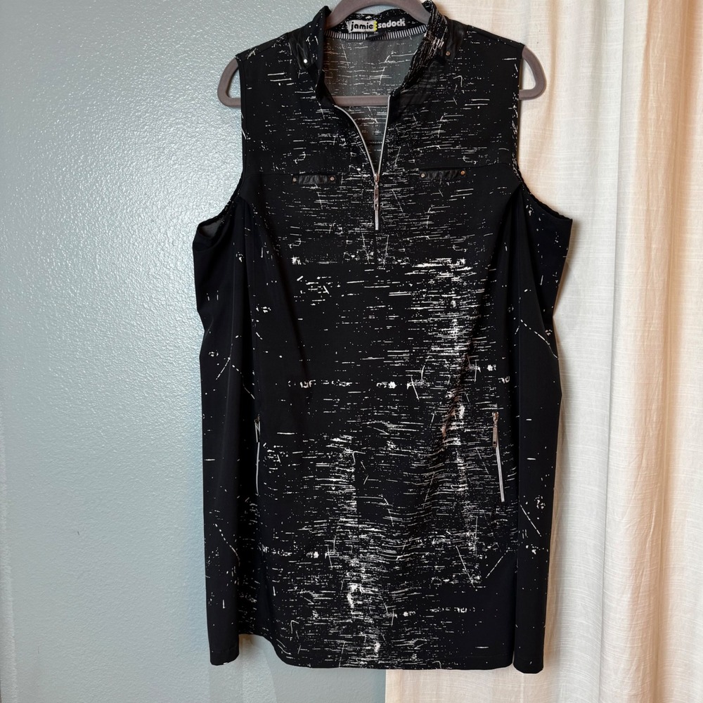 Jamie Sadock Golf Top Women XXL Black Crunch Print Sleeveless Zip Mock Neck